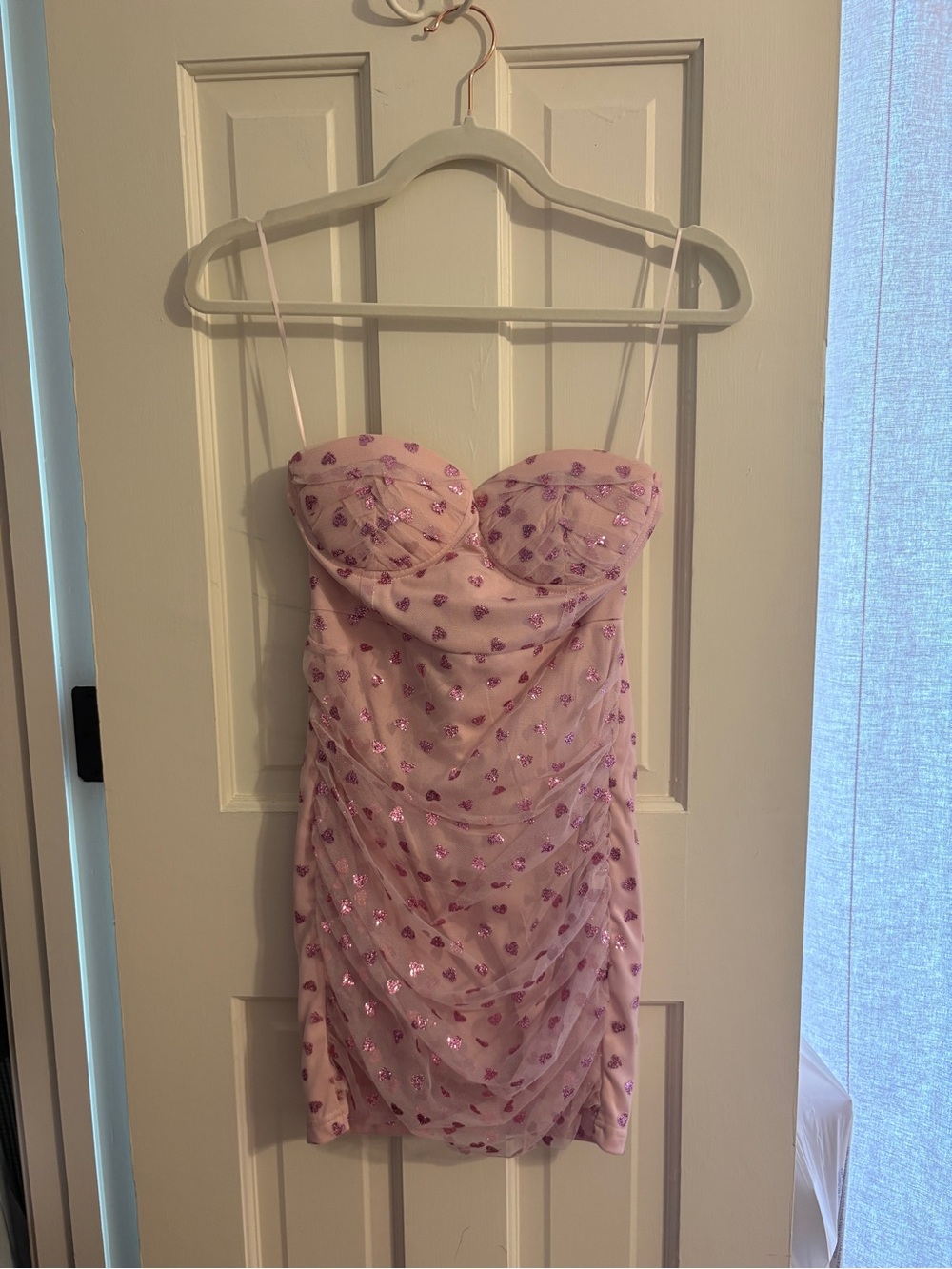 superdown Pink Strapless Mini Dress with Sequin Hearts